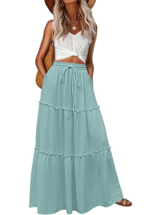 Dresses & Skirts - Women's Boho High Waisted Aqua Sea Maxi Skirts Tiered Floral Long Skirts Pockets